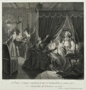 Engraving of Doña Rodríguez, Conversing in the Night with Don Quixote, Surprised by the Duchess’s Damsels 