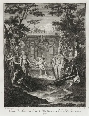 Engraving of allegorical figures in front of a stage set, Don Quixote and Sancho watch in foreground
