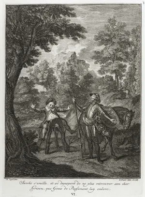 Engraving of Don Quixote standing and Sancho riding a wooden horse