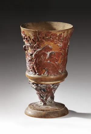 brown wood, wax, and graphite cup with carved image of mother and child