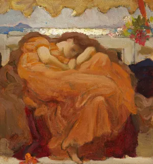 Oil painting of sleeping woman in orange dress curled up on bench