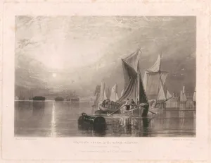 print depicting ships with open sails on river, and sun sitting in sky