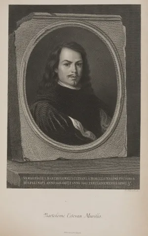 engraving on paper of man with mustache and long hair in profile