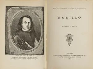 engraving on paper of man in profile, framed in oval shape on left, and text on right including "Murillo" 