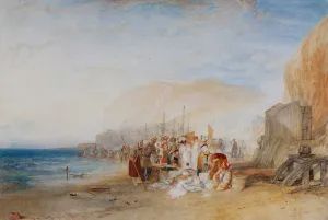 watercolor depicting crowd at a fish market on shore, with ships and city in background