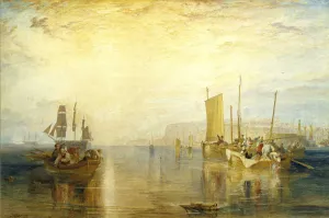 watercolor of men fishing off small boats, with ship and sun rising in background
