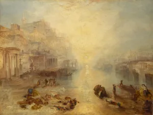 oil painting depicting Ovid being dragged by Roman soldiers at shore, with sun setting at center
