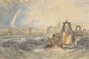 watercolor displaying tumultuous sea, with boat and bridge at center, and city in backround