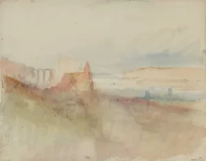 watercolor of chateau on river 
