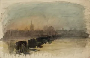 watercolor of city view from river with black objects at center