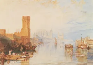 watercolor displaying bathers in a river in foreground and city in background 