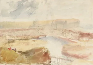 watercolor of view displaying river with city running along it, amongst hills