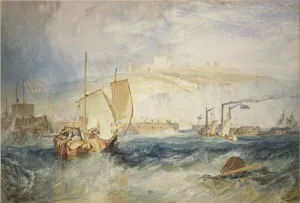watercolor displaying boats on tumultuous sea, with castle at center of tall rolling hills
