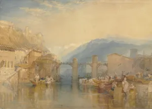 waterer color and gouache work depicting bridge over river with mountains in background