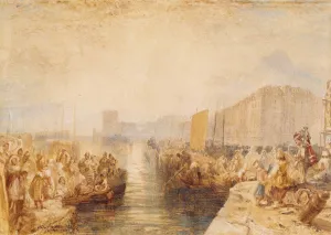 watercolor depicting densely populated harbor scene 
