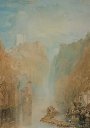 watercolor of Rhine River with mountains on either side