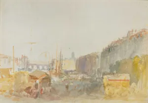 graphite and watercolor depiction of land alongside river, populated with carriages and people