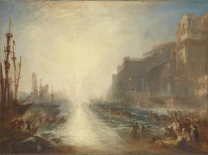 *oil painting of crowded ships and small boats seemingly leaving shore into intense light, with many people on shore