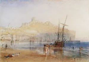 watercolor of shore scene with female in foreground and ships and city in distance