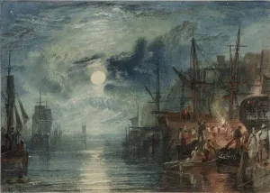 watercolor displaying night scene of boats docked in harbor under full moon