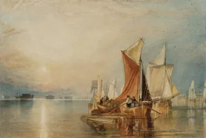 watercolor depicting ships with open sails on river, and sun sitting in sky