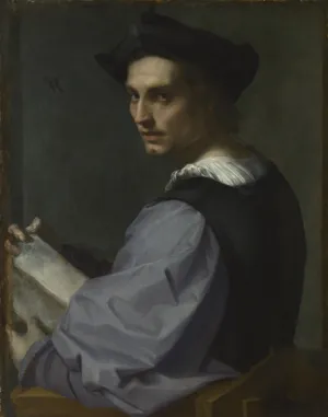 Painting of a seated man looking over his left shoulder and holding a book