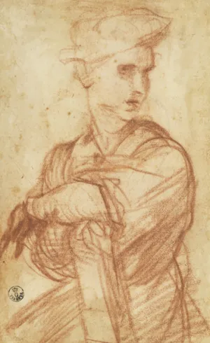 Drawing of a seated man resting his arm on an upright book and looking over his left shoulder