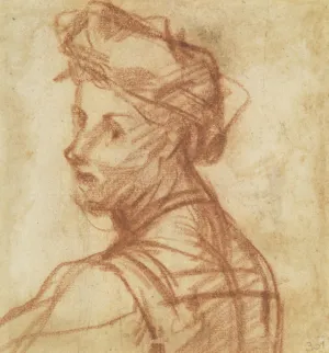 Drawing of a man looking over his left shoulder