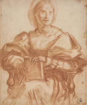 Drawing of a woman seated in a chair and holding a book