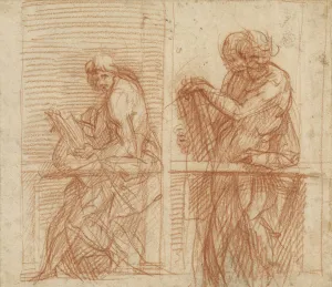 Drawing of two male figures leaning on a balustrade wearing drapery