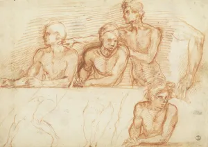 Drawing of unclothed male figures seated and standing behind a table