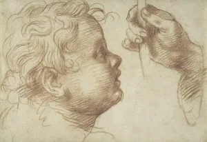 Drawing of a child's head in profile and a hand