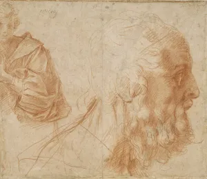 Drawing of a half-length young man with big sleeves and a separate drawing of an old man's face in profile to the right