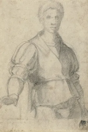 Drawing of a half-length male figure with his right arm slightly raised