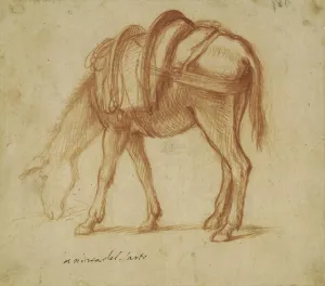 Drawing of a donkey grazing and turned to the left
