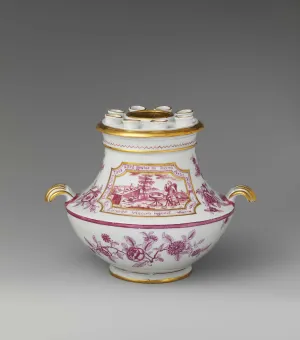 porcelain tulip vase illustrated with man seated at table outside