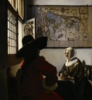 Oil painting of a woman and man sitting at a table near a window