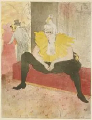 Color print of female clown seated on red bench with legs apart