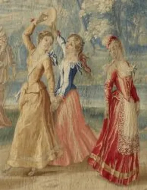 close up crop of tapestry depicting three women dancing in fancy dresses