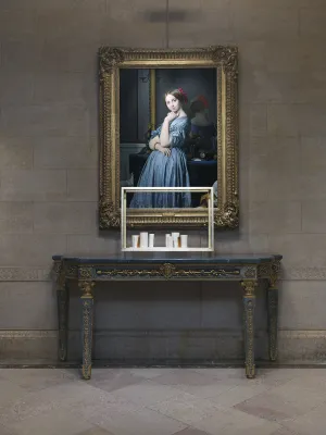 Porcelain object in front of Ingres oil painting