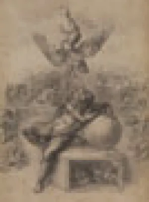 drawing of angel trumpeting into nude man's head who is leaning on ball and box with heads in it, and people in background
