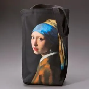 Black tote bag with painting of woman looking over her shoulder wearing a headdress and a large pearl earring