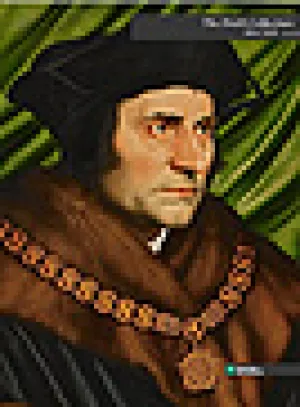 Painting of man wearing brown and black fur overcoat, red sleeves, black hat, large gold necklace