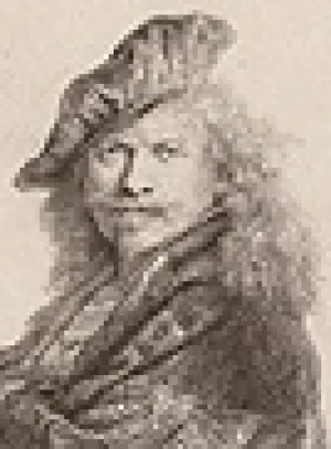 Self-Portrait etching of Rembrandt leaning on a stone sill