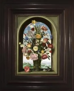 framed still life of vase full of colorful flowers