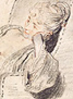 closeup of red and black chalk drawing of woman reclining in lounge