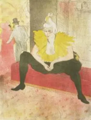 Color print of female clown seated on red bench with legs apart