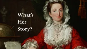 video still of What's Her Story, oil painting of woman in red and white seated