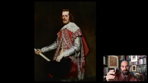 video still of Xavier Salomon and oil painting of King with staff