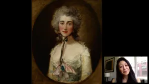 video still of Aimee Ng and oil painting of woman with bow tied under her chin